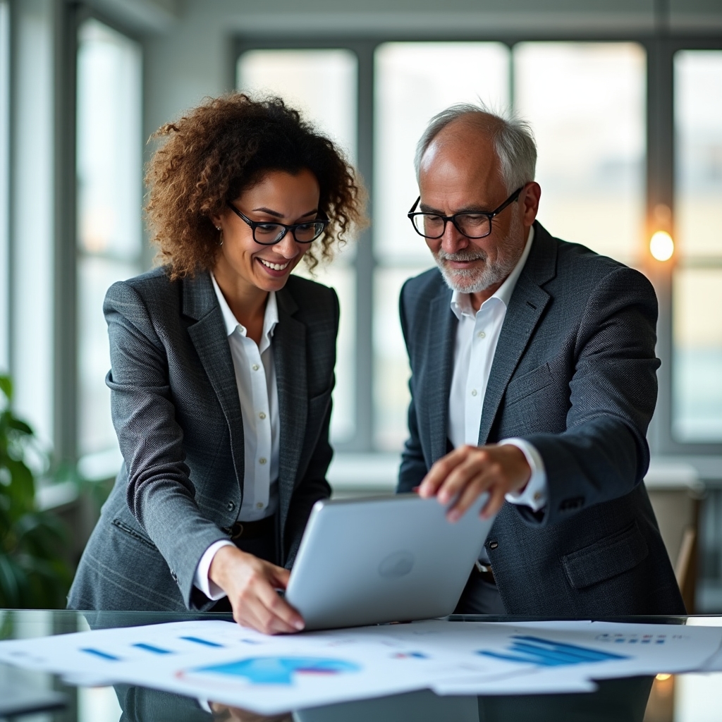 Marketing analytics consultant reviewing printed charts with a colleague
