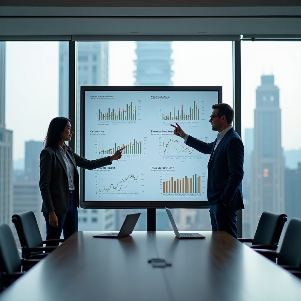 Marketing leaders reviewing an analytics dashboard together in a conference room