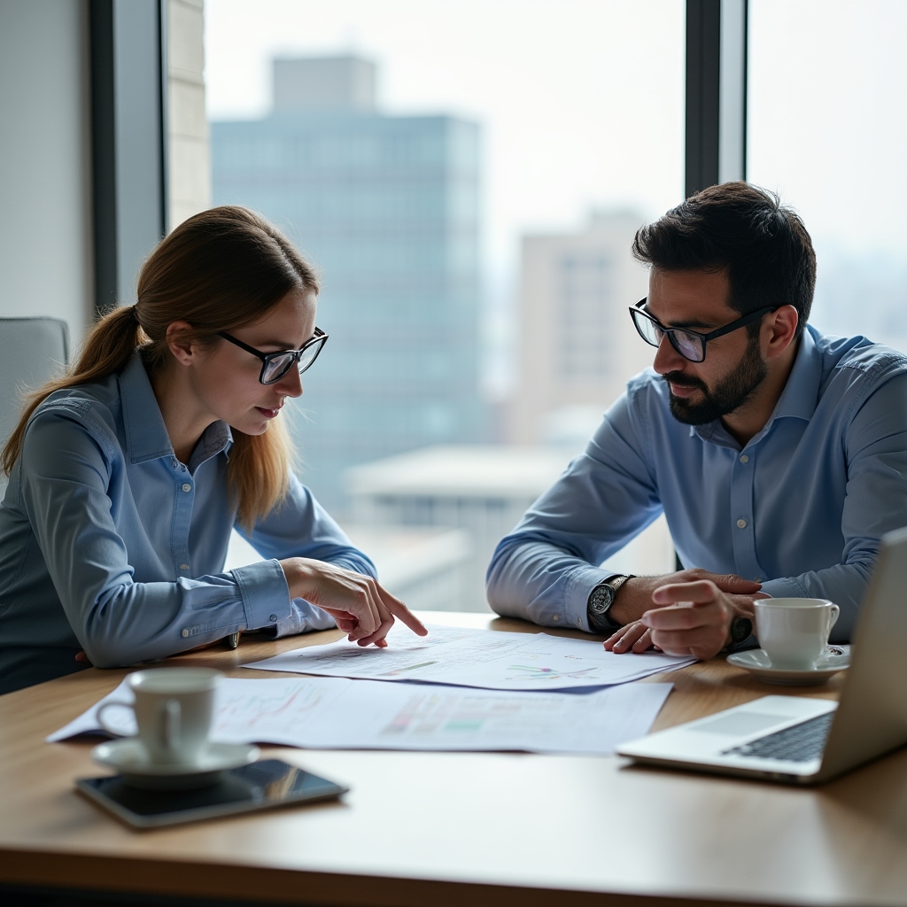 Marketing manager discussing a strategy document with a colleague at a meeting table