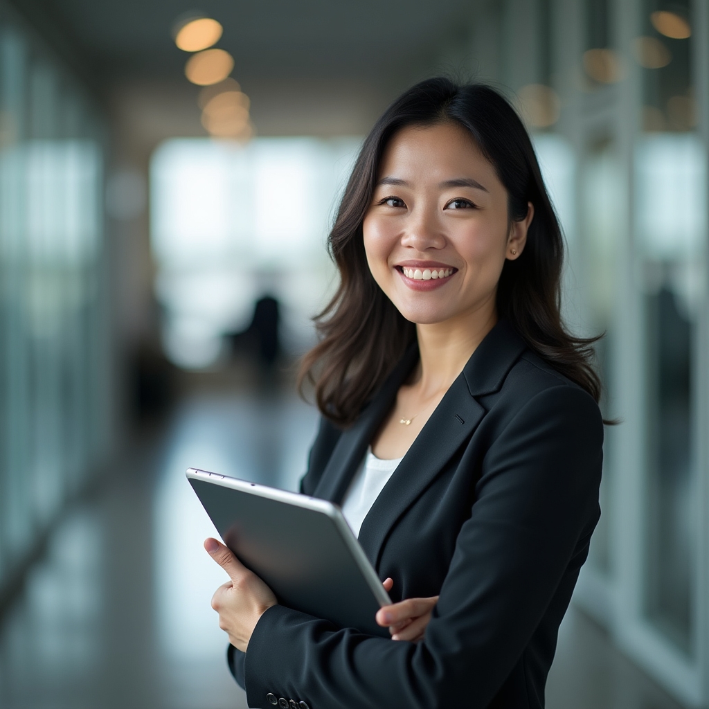 Senior marketing analyst standing in a modern office reviewing a tablet